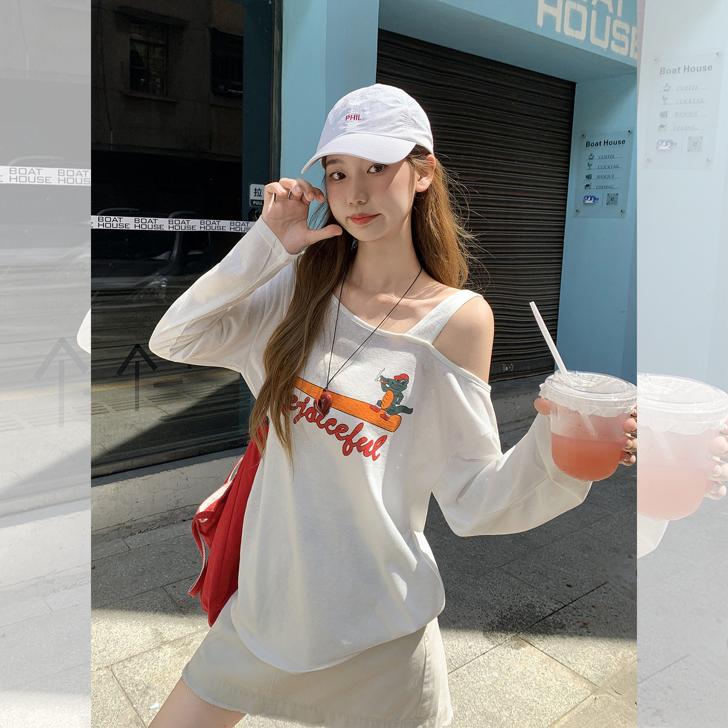 韩系白色字母印花长袖t恤女2025秋季新款宽松显瘦斜肩上衣有肩带