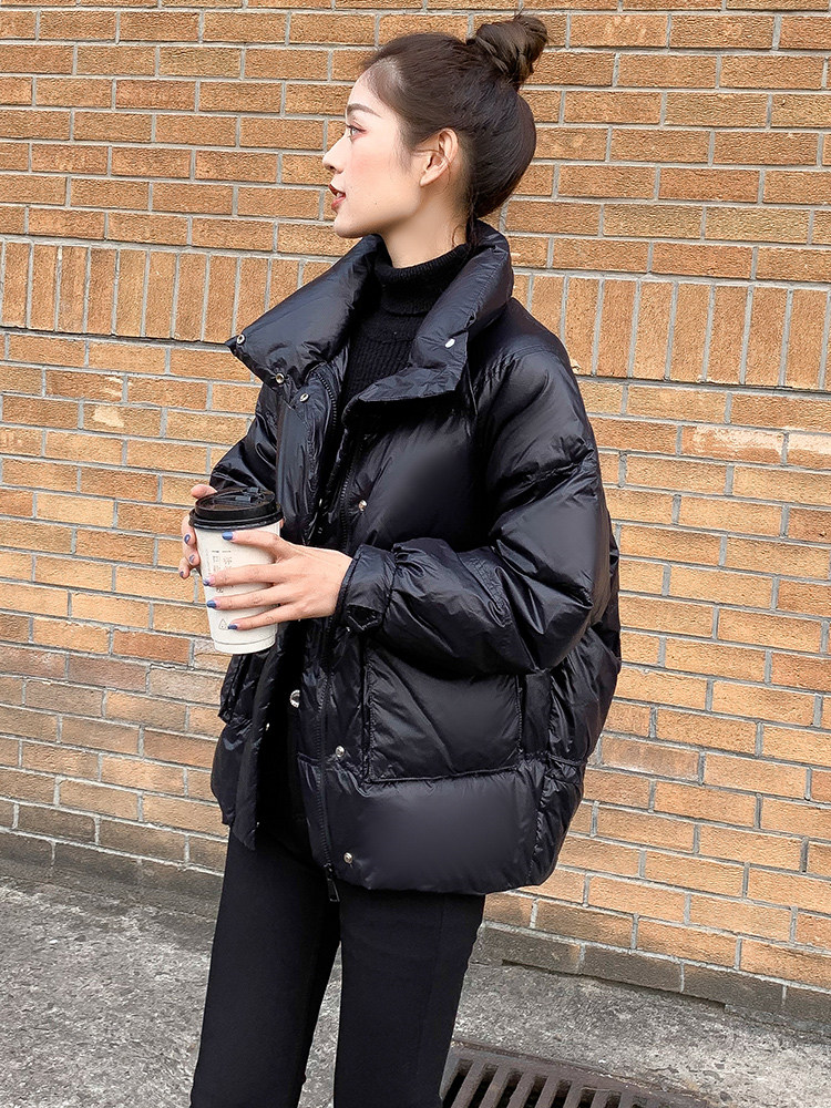 黑色亮面棉衣女冬季加厚韩版宽松显瘦短款棉袄棉服工装立领小个子