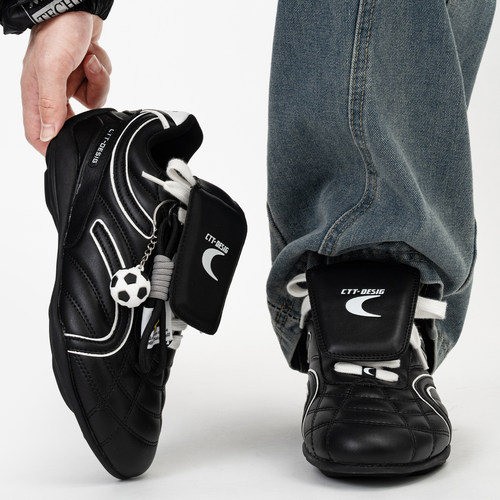 黑色翻盖德训足球鞋男女情侣款休闲运动阿甘鞋小众复古薄底阿甘鞋