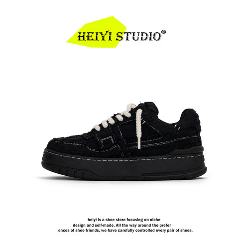 黑武士复古板鞋男女春夏新款小众原创毛边休闲厚底增高面包帆布鞋