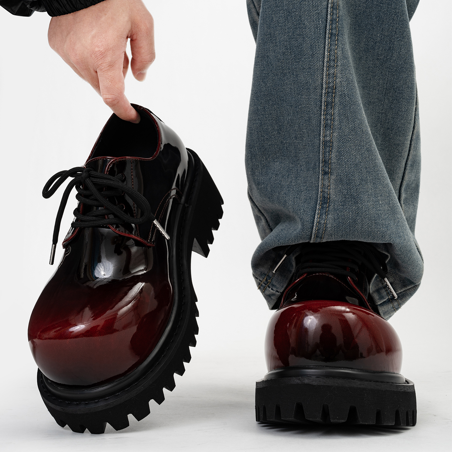 擦色大头德比鞋男漆皮亮面10cm隐形增高松糕鞋发型师休闲厚底皮鞋