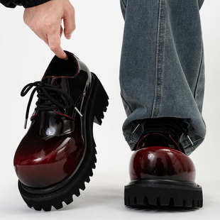 发型师休闲厚底皮鞋 擦色大头德比鞋 男漆皮亮面10cm隐形增高松糕鞋