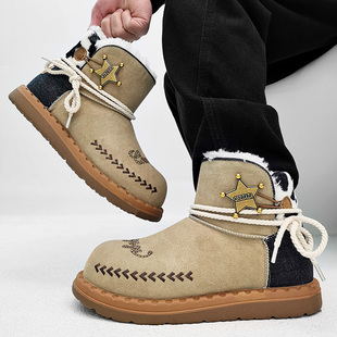 潮牌胡迪牛仔联名雪地靴男女冬季加绒加厚保暖棉鞋大头面包马丁靴