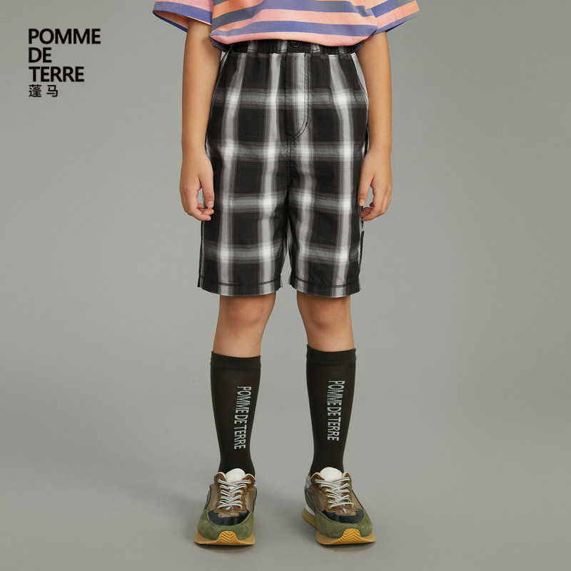 蓬马大童中裤子格纹宽松棉涤混纺春夏装男女儿童pomme de terre