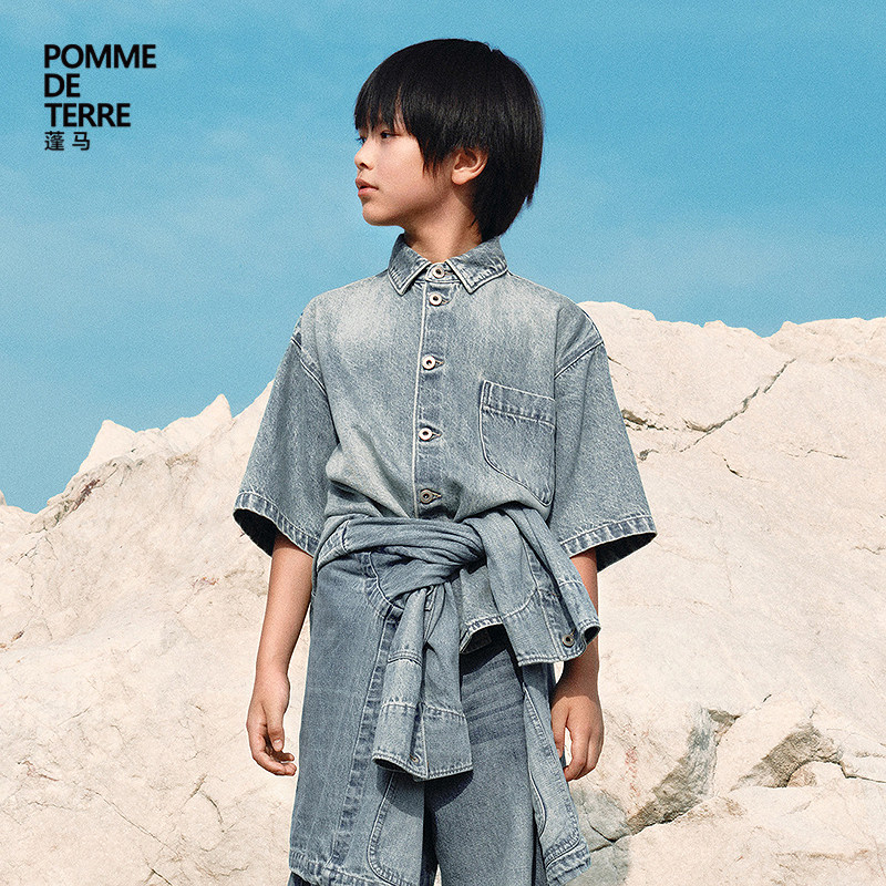 蓬马大童牛仔衬衫短袖棉麻混纺宽松春装男女儿童pomme de terre