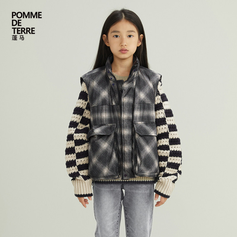 蓬马大童羽绒服马甲斜格纹复古工装秋冬装男女儿童pomme de terre,童装/婴儿装/亲子装,羽绒马甲,淘宝优惠券,粉丝福利购,淘宝优惠卷