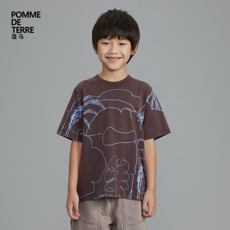 [毛怪]蓬马大童T恤短袖棉线条印花春夏装男女儿童pomme de terre