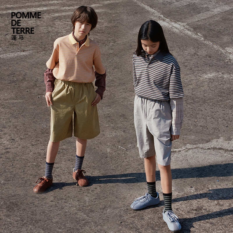 蓬马大童中裤宽松高支棉质水洗微皱春夏装男女儿童pomme de terre