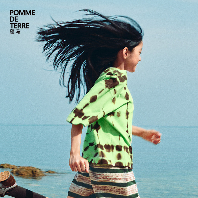 蓬马大童T恤短袖棉质毛圈布格纹印花春装男女儿童pomme de terre