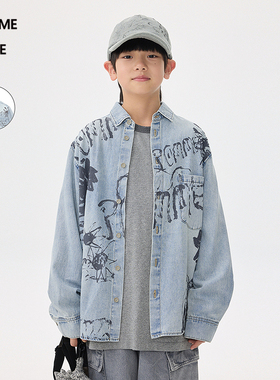 [牛仔]蓬马大童衬衫长袖棉质涂鸦印花春秋装男儿童pomme de terre