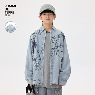[牛仔]蓬马大童衬衫长袖棉质涂鸦印花春秋装男儿童pomme de terre
