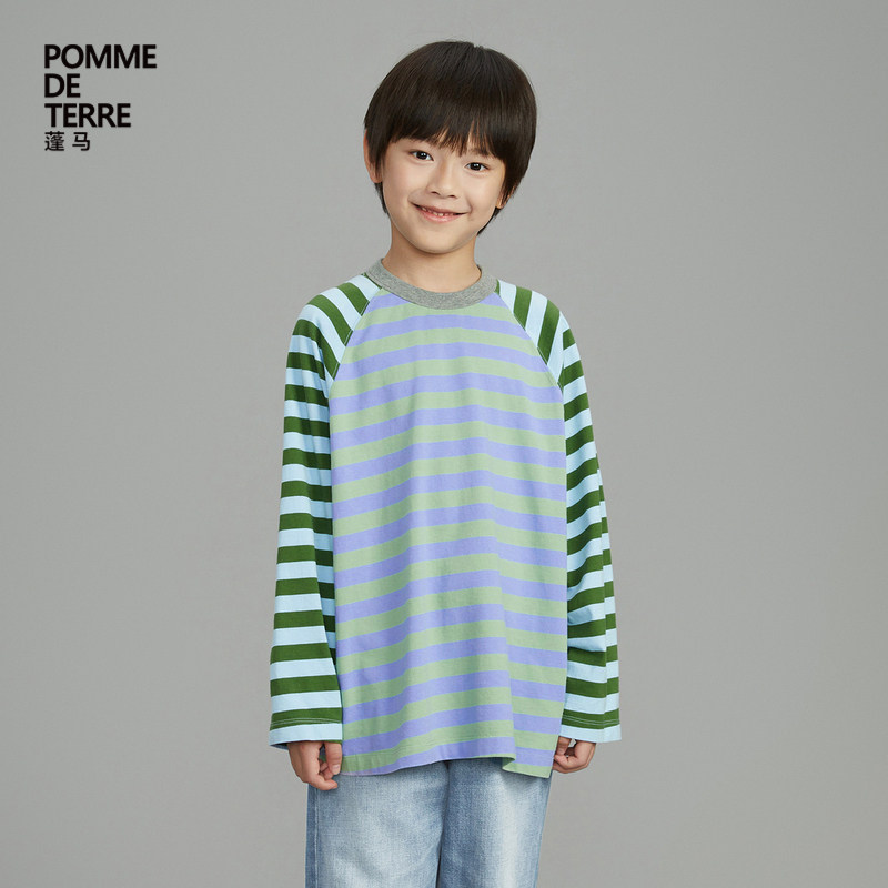 蓬马大童T恤长袖复古条纹插肩袖棉质春装男女儿童pomme de terre,童装/婴儿装/亲子装,T恤,淘宝优惠券,粉丝福利购,淘宝优惠卷