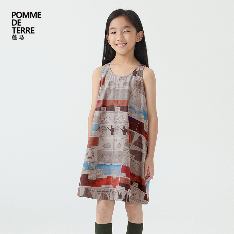 蓬马大童连衣裙无袖满底漫画印花棉质春夏装女儿童pomme de terre