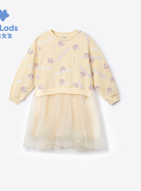 男生女生女小童印花拼接网纱长袖连衣裙NDLHJ33738A