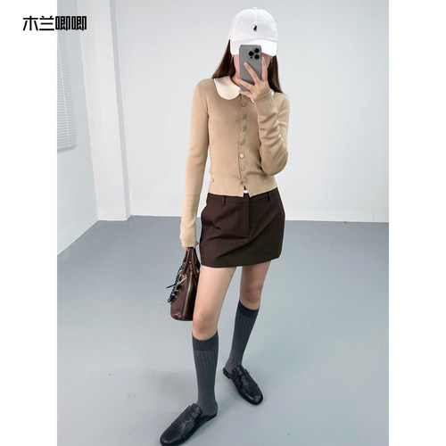 木兰唧唧26春甜美风娃娃领撞色针织开衫气质高智绢丝显瘦打底上衣