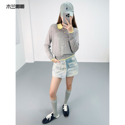 木兰唧唧 春季新品水溶羊毛薄款撞色polo领显瘦打底外穿毛衣上衣