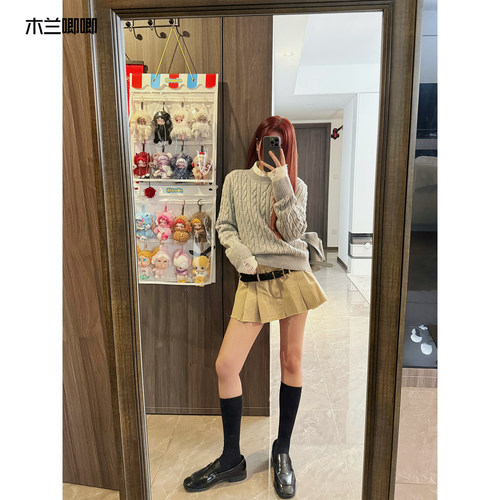 木兰唧唧新款简约百搭绞花拼色毛衣羊毛羊绒宽松休闲运动感针织衫