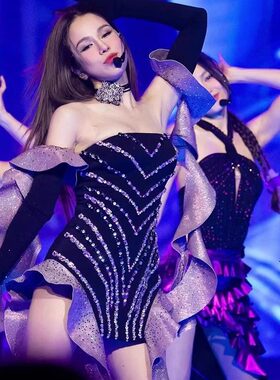 烫钻飘带活动表演小礼服