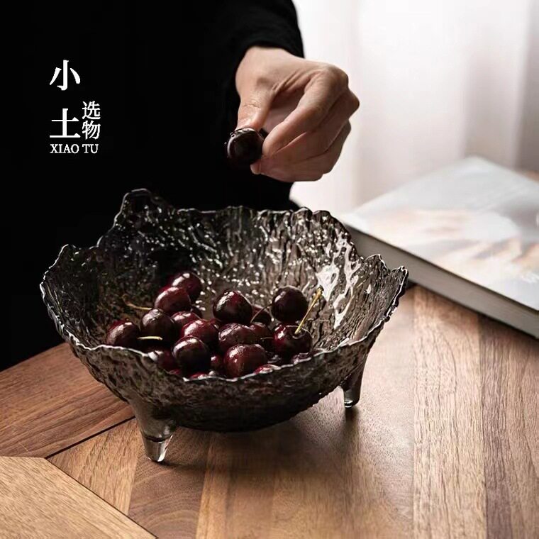 锤纹不规则玻璃水果盘客厅家用现代高颜值甜品碗高脚糖果零食盘子
