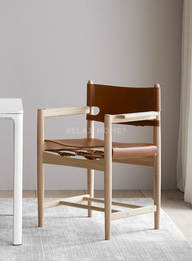 北欧ins寂风实木中古马鞍皮靠背小户型西班牙狩猎扶手休闲餐椅子