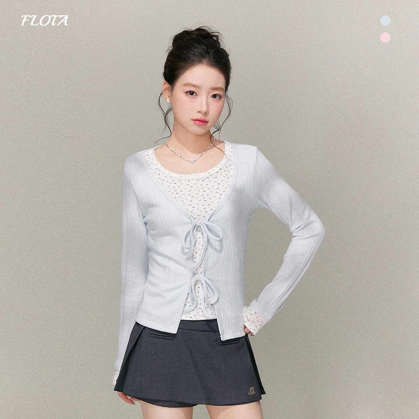 小清新假两件碎花拼接长袖打底别致绑带蝴蝶结修身显瘦短款上衣女