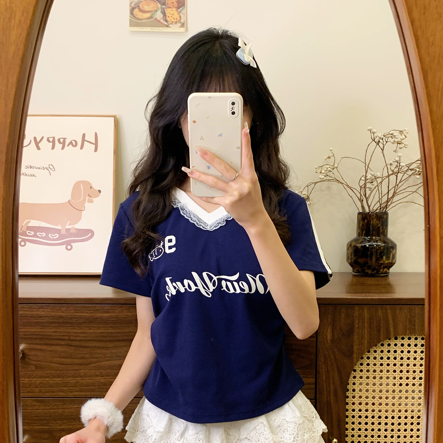 美式学院风字母蕾丝条纹V领短袖