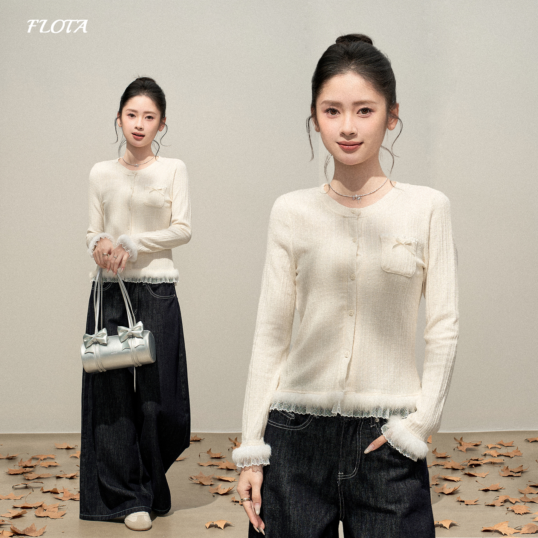 氛围感毛毛拼接针织长袖开衫秋冬季新款修身显瘦短款打底小衫上衣