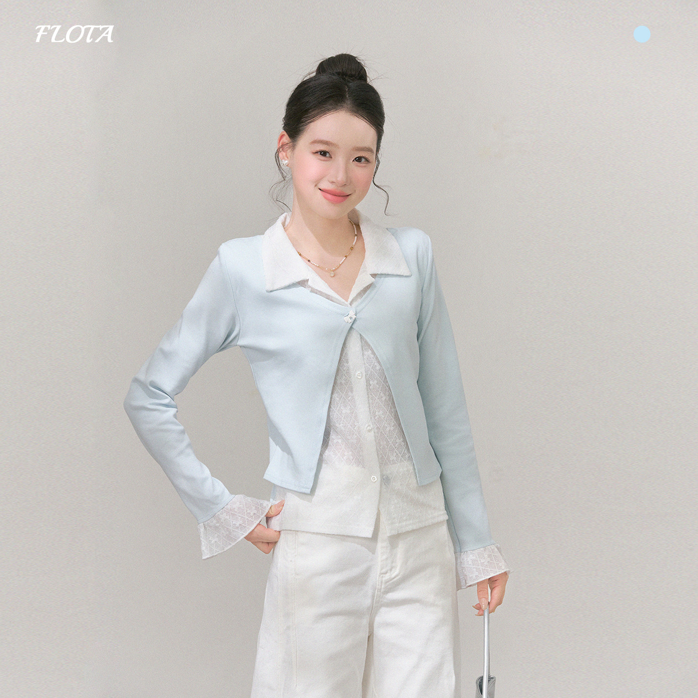 polo领长袖上衣女2025秋季清新网纱蝴蝶结别针正肩短款假两件T恤