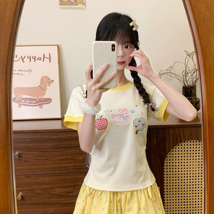 T恤女日系甜妹风修身 红续刺绣格纹卡通拼色正肩不露腰短袖 小上衣