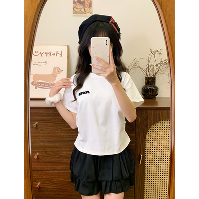 牙刷绣字母白色插肩短袖T恤女
