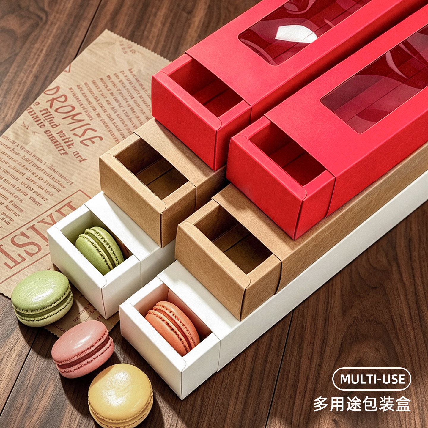 多用途马卡龙包装盒长方形牛皮纸抽拉式巧克力点心甜品曲奇饼干盒