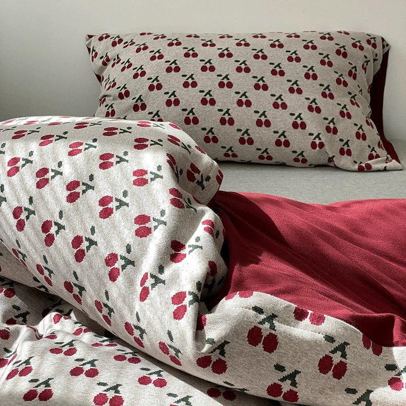 复古樱枝┃秋冬超柔天竺棉四件套 婴儿内衣料加厚针织棉床笠被套