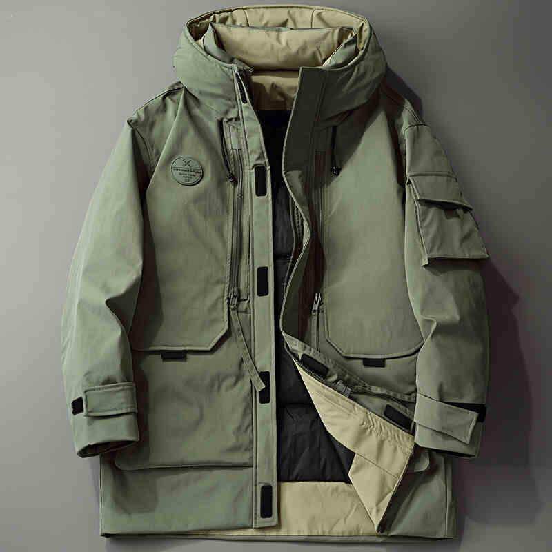 潮牌重磅军绿工装羽绒服男士中长款冬季宽松加厚保暖冲锋衣外套