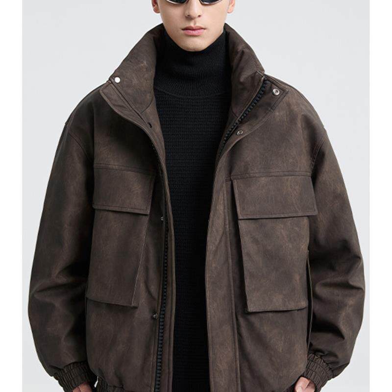 黑择明冬季新品高级感pu皮立领羽绒服男工装潮流帅气机车鸭绒外套