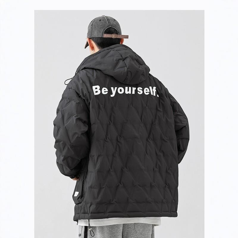 2025冬季菱形格连帽羽绒服男生90白鸭绒情侣轻薄保暖学生大码外套