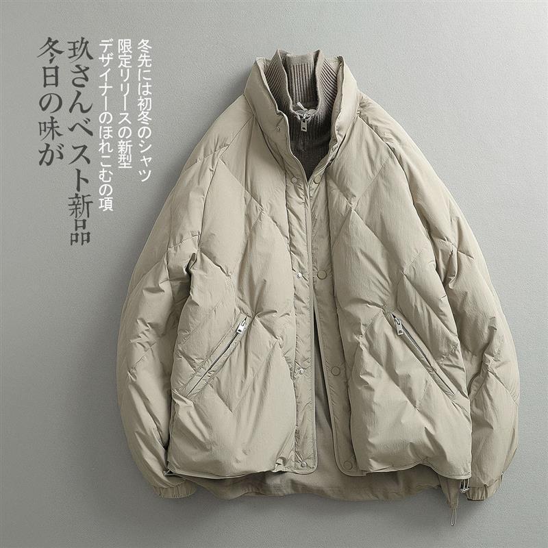 冬季日系 假两件毛线立领拼接 绗缝格阔版短款羽绒服 男