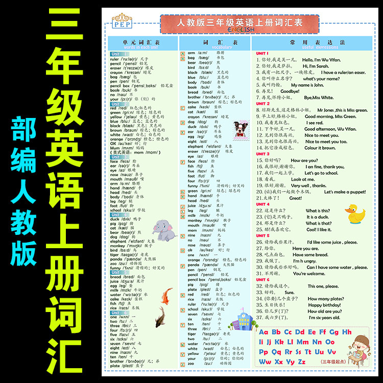 部编人教版三年级英语上册词汇表挂图 三年级上英语单词汇总