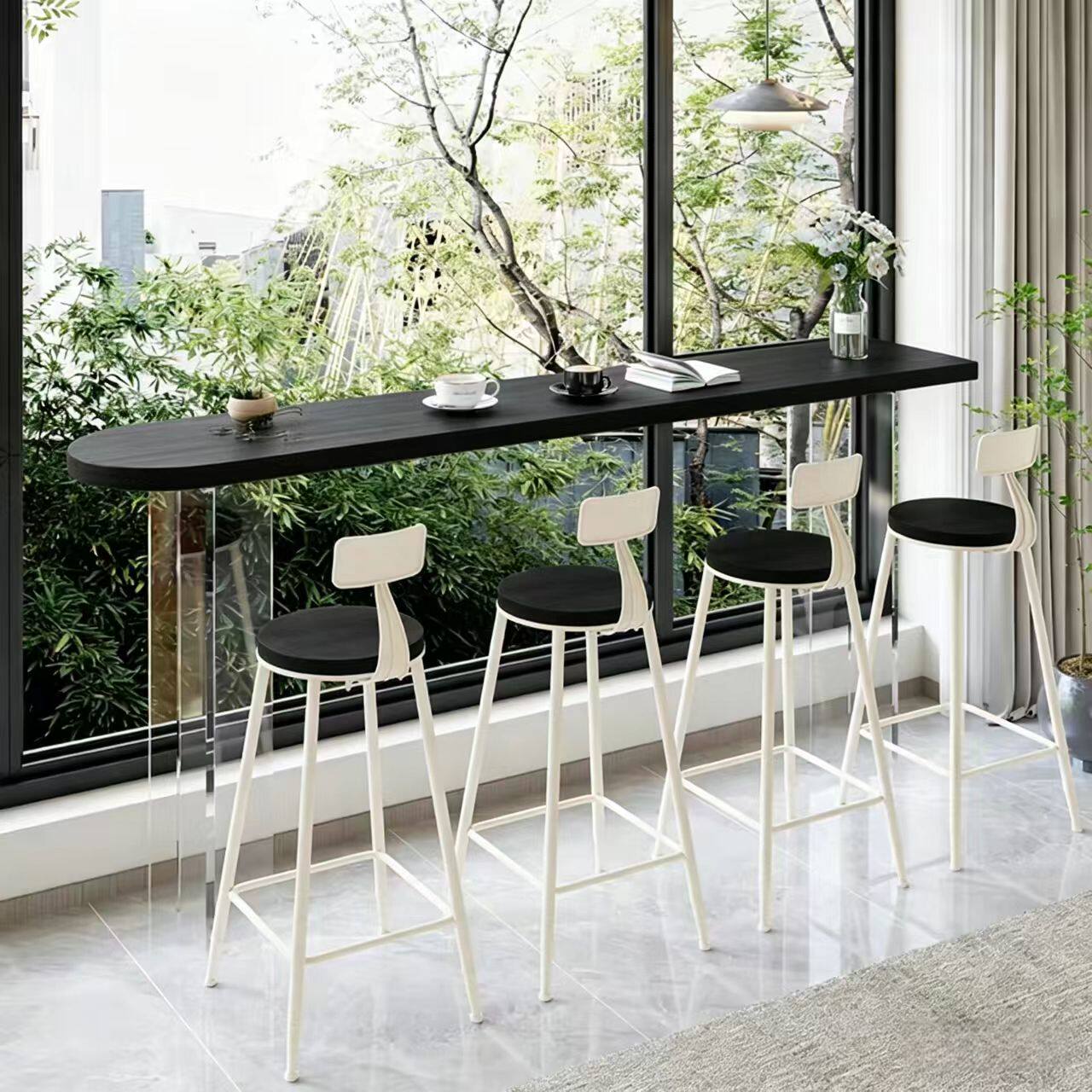 阳台吧台桌家用黑色实木长条桌靠窗窄桌高低脚长桌靠墙高脚桌椅