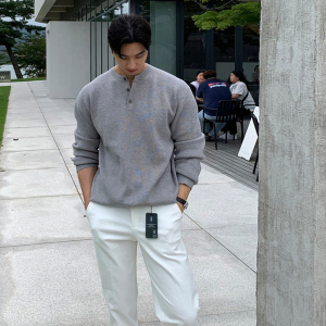 特价清仓秋冬男厚款针织亨利衫纯色修身卫衣带纽扣加厚亨利领毛衣