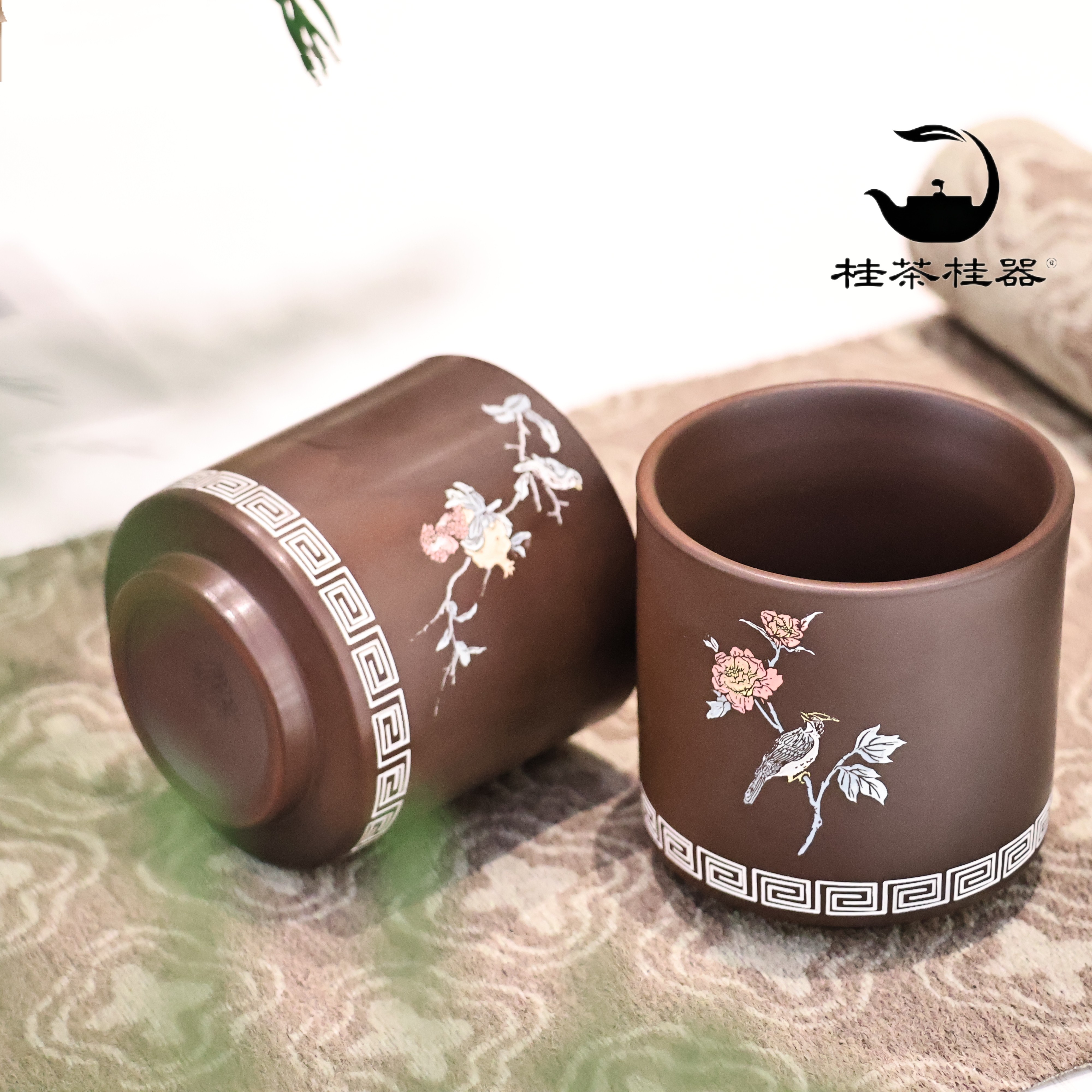 桂茶桂器|榴花鸣雀彩绘对杯坭兴陶彩绘意趣花鸟品茗杯伴手礼套装