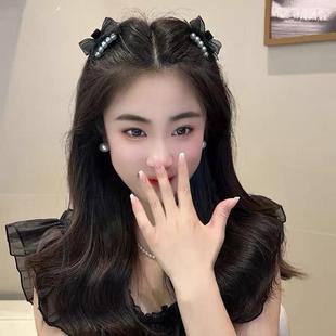 2025新款珍珠网纱蝴蝶结抓夹侧边前额刘海碎发整理夹子头饰发卡女