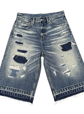 TBR 深海蓝补丁破坏水洗流苏7分裤短裤
