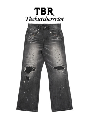 TBR高端线二周年破茧牛王补丁乱针铆钉水洗宽松直筒牛仔裤