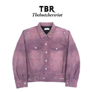 型棉服 版 TBR 水洗胭脂红污脏珠钉薄棉夹克短款