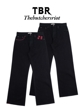 TBR街头系列星星刺绣水洗双染特黑赤耳素色elegant宽松直筒牛仔裤