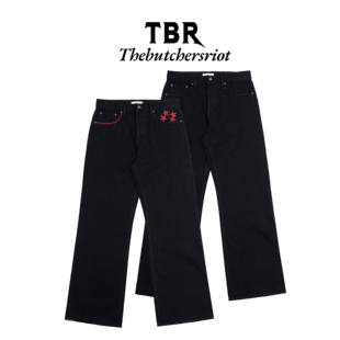 TBR街头系列星星刺绣水洗双染特黑赤耳素色elegant宽松直筒牛仔裤