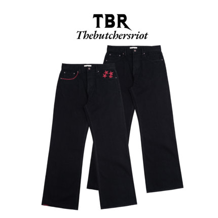 TBR街头系列星星刺绣水洗双染特黑赤耳素色elegant宽松直筒牛仔裤