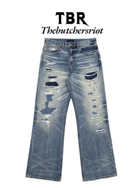 TBR高端线 补丁贴布破坏乱针牛王水洗雪花宽松直筒牛仔裤子
