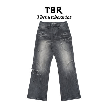 TBR 黑珍珠铆钉解构水洗做旧punk合身直筒黑色牛仔裤子