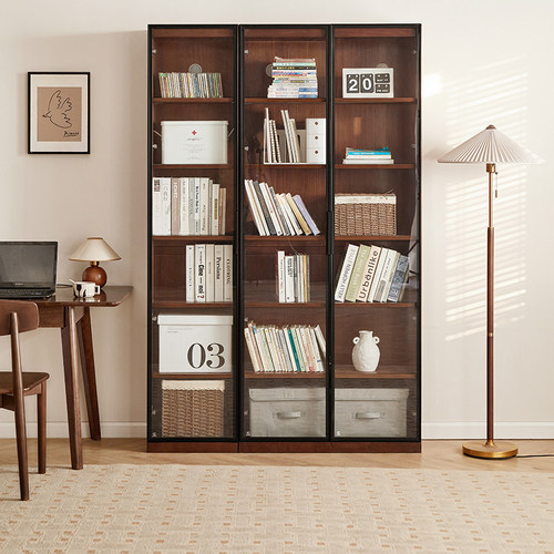 实木书柜一体整墙客厅自由组合格子柜带玻璃门展示柜简约储物柜子